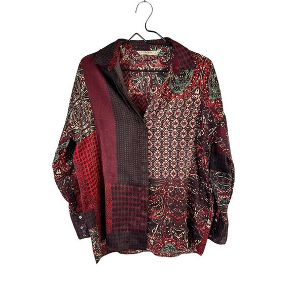 Zara TopPatchwork Paisley Satin Button Down  Women's Size M Multi Preppy Office - Picture 1 of 9